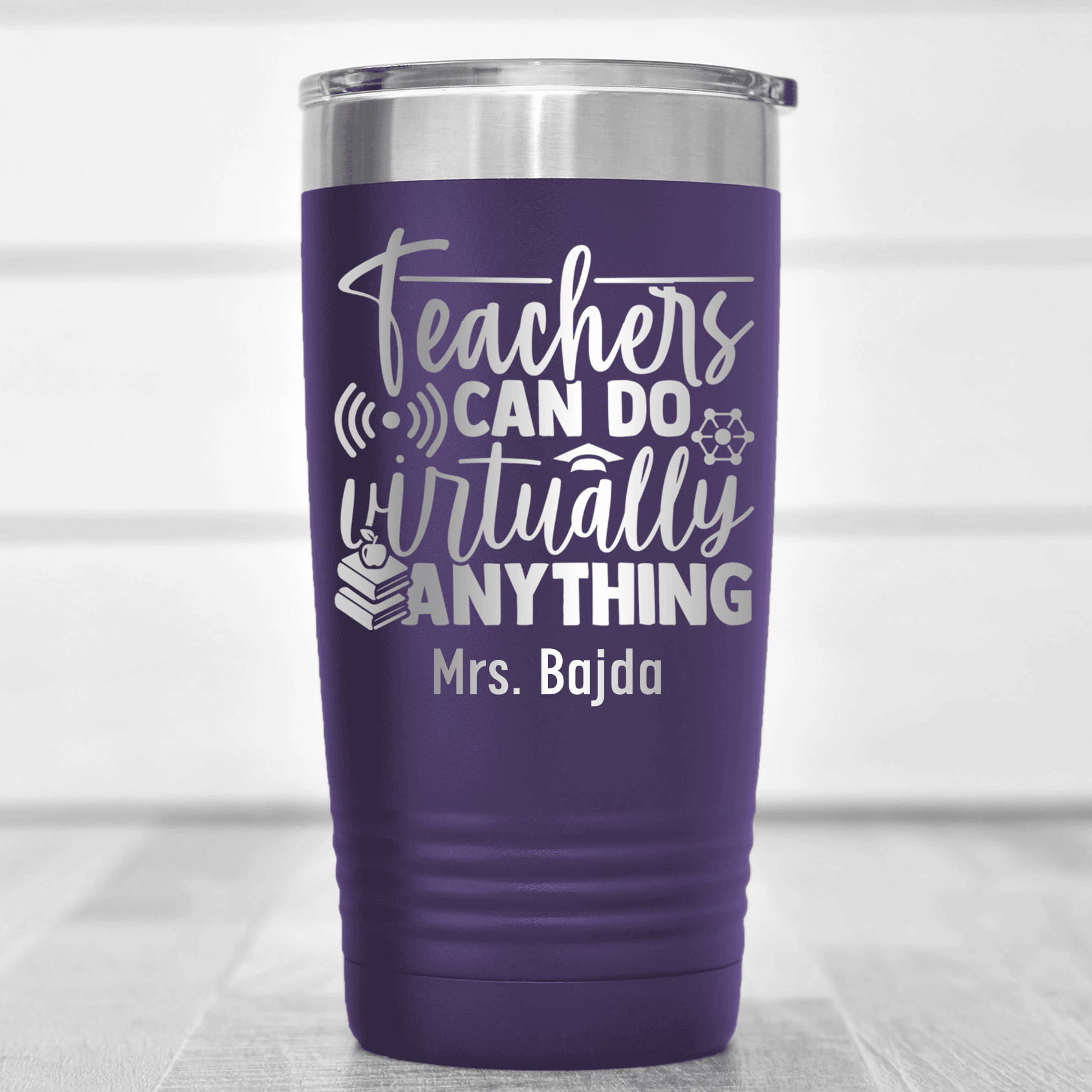 Purple Teacher Tumbler With Teachers Can Do Anything Design