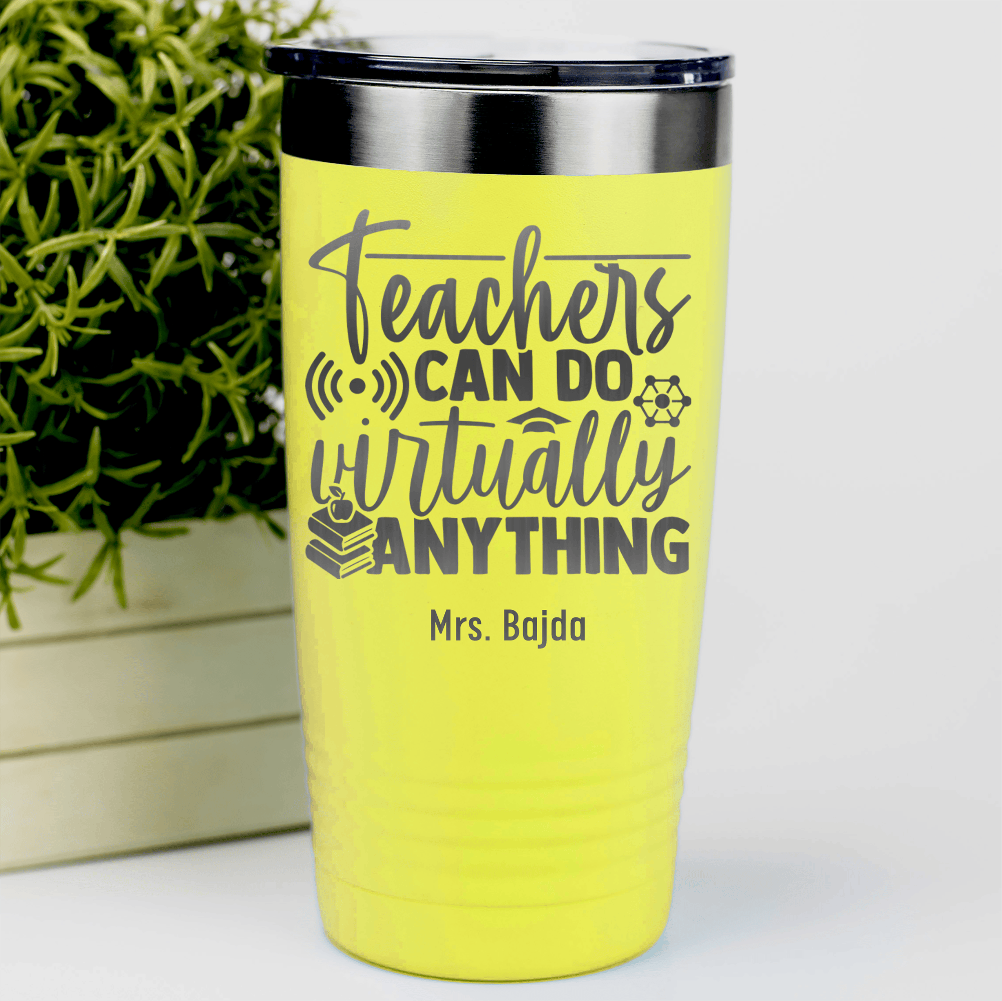 Yellow Teacher Tumbler With Teachers Can Do Anything Design