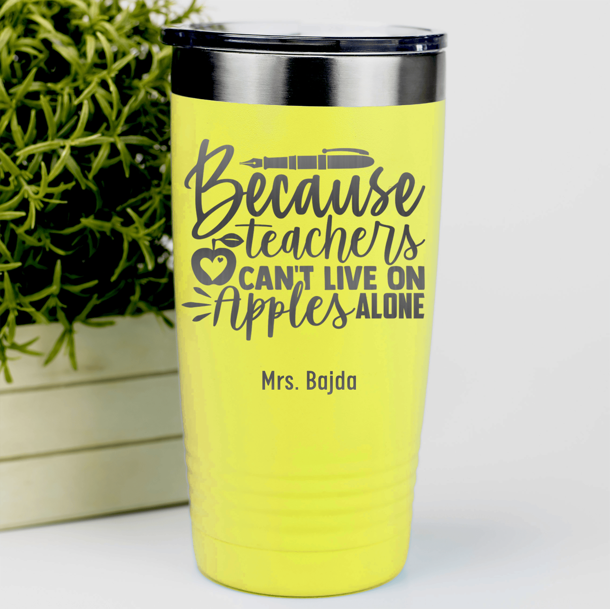 Yellow Teacher Tumbler With Teachers Cant Live On Apples Alone Design