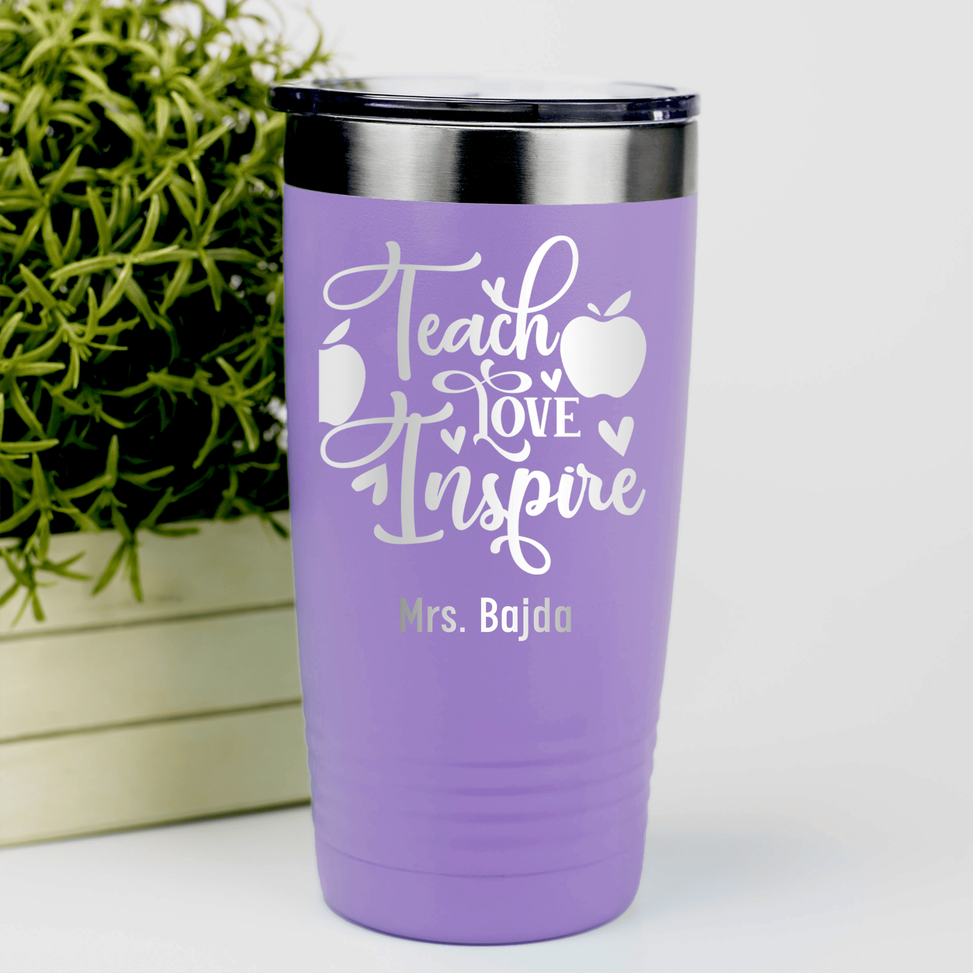 Light Purple Teacher Tumbler With Teaching Love Inspire Design