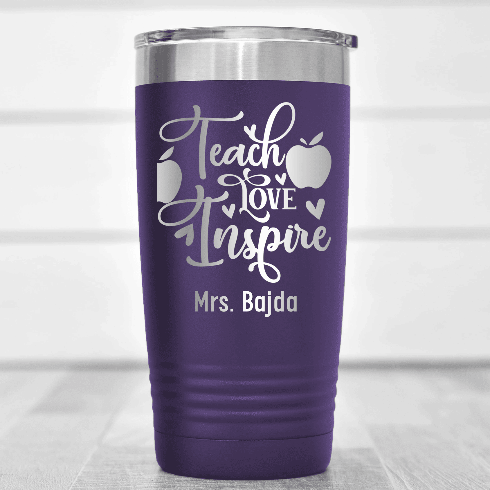 Purple Teacher Tumbler With Teaching Love Inspire Design