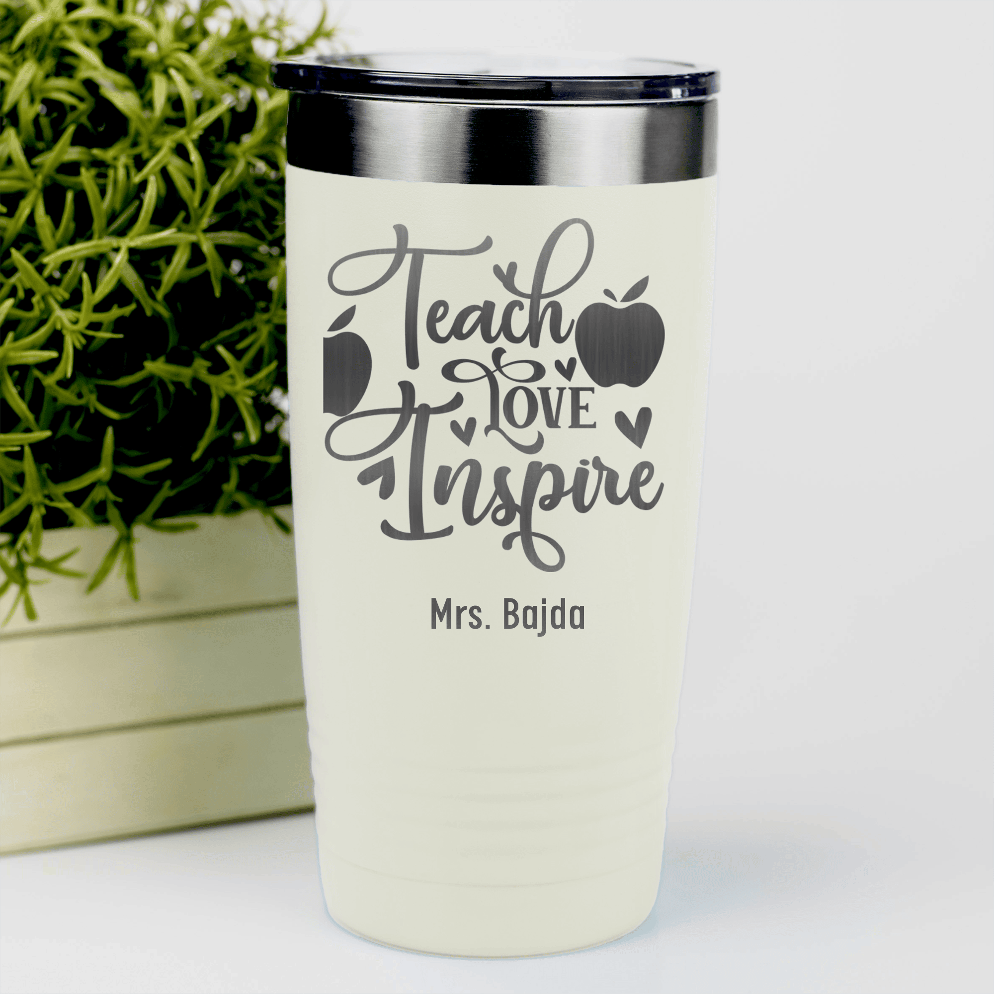 White Teacher Tumbler With Teaching Love Inspire Design