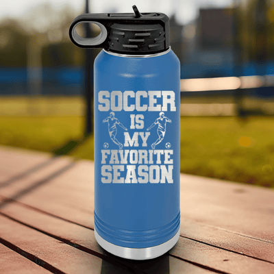 Blue Soccer Water Bottle With The Best Season Is Soccer Design