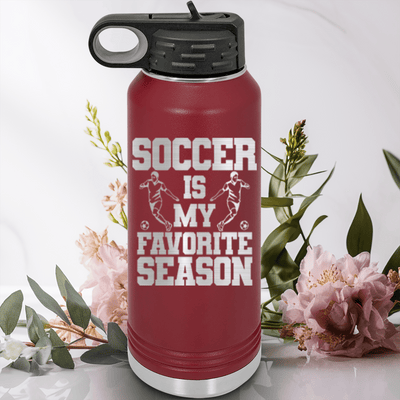 Maroon Soccer Water Bottle With The Best Season Is Soccer Design