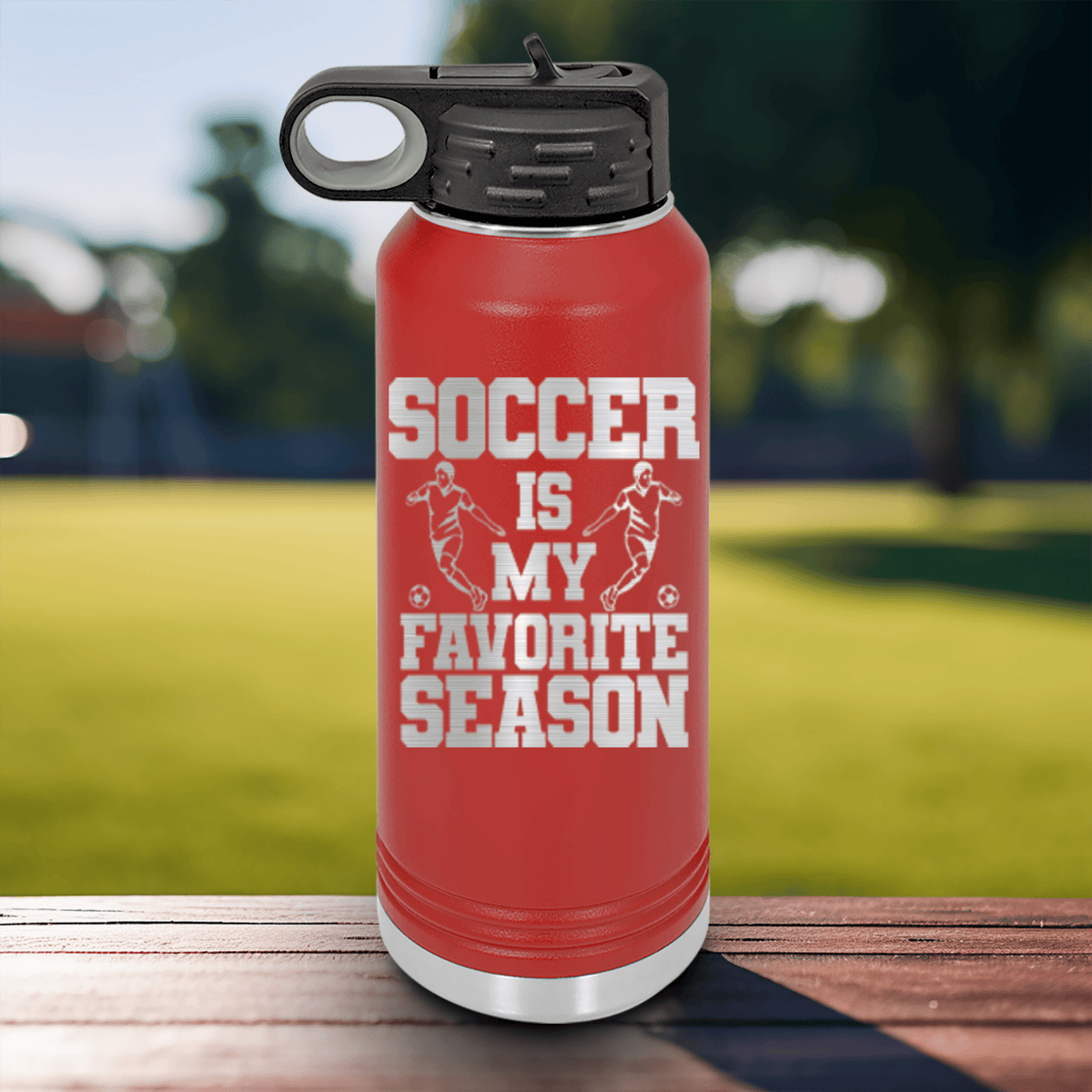 Red Soccer Water Bottle With The Best Season Is Soccer Design