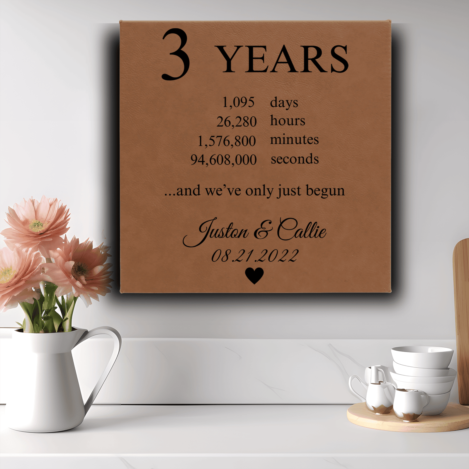 Brown Leather Wall Decor With Three Year Anniversary Design