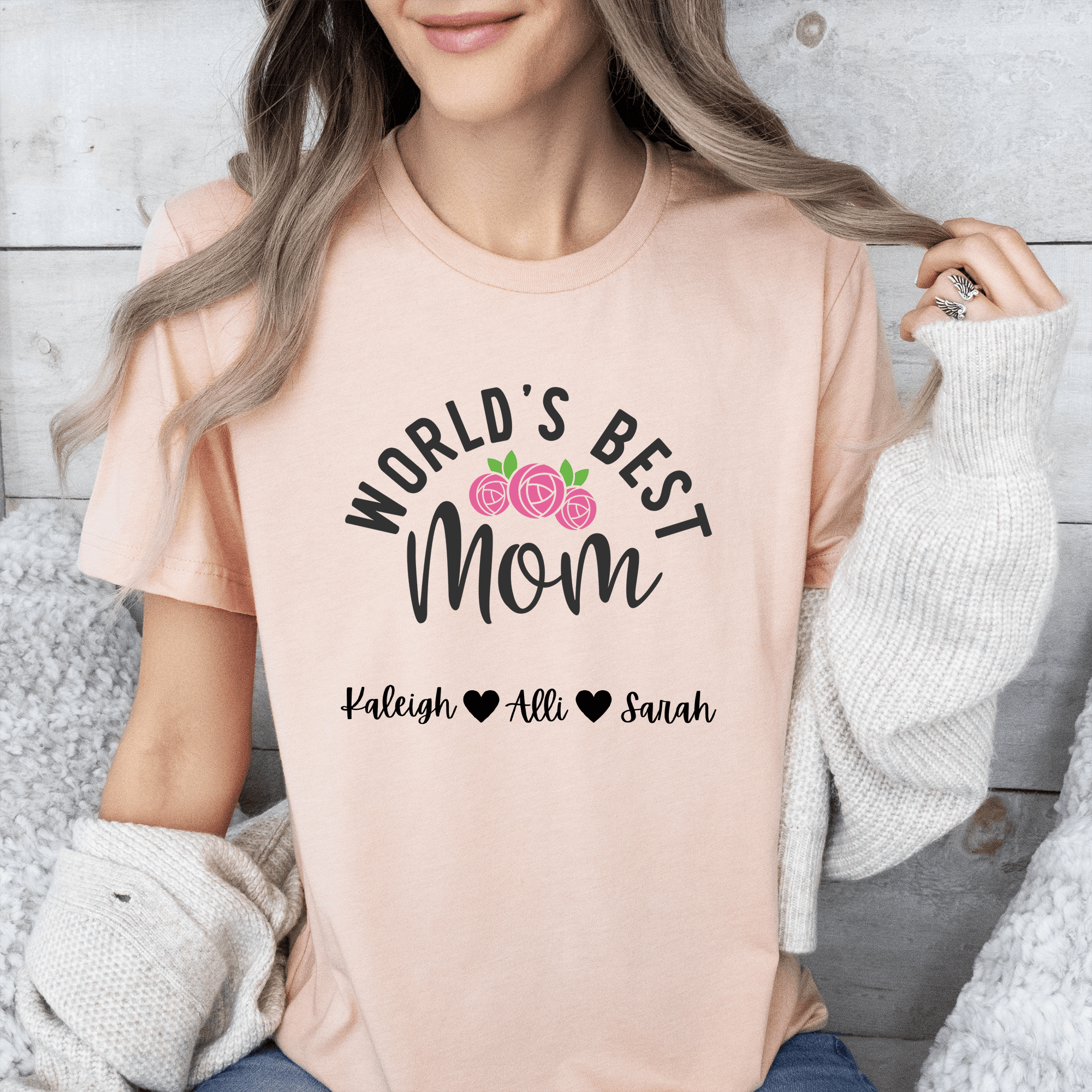 Womens Heather Peach T Shirt with Worlds-Best-Mom design