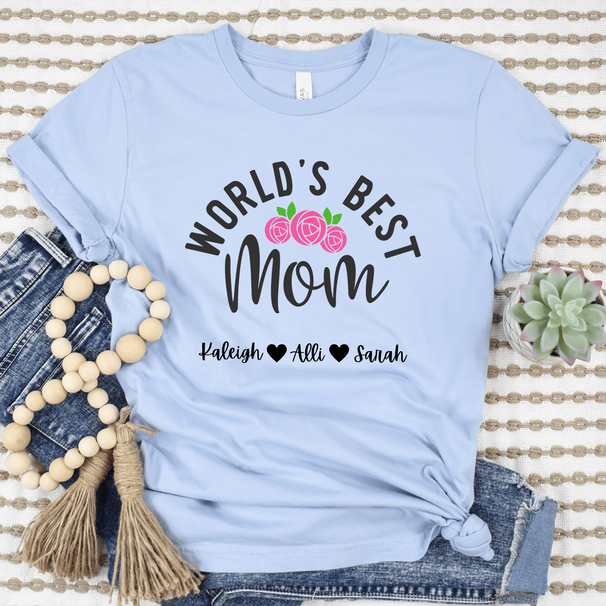 Womens Light Blue T Shirt with Worlds-Best-Mom design