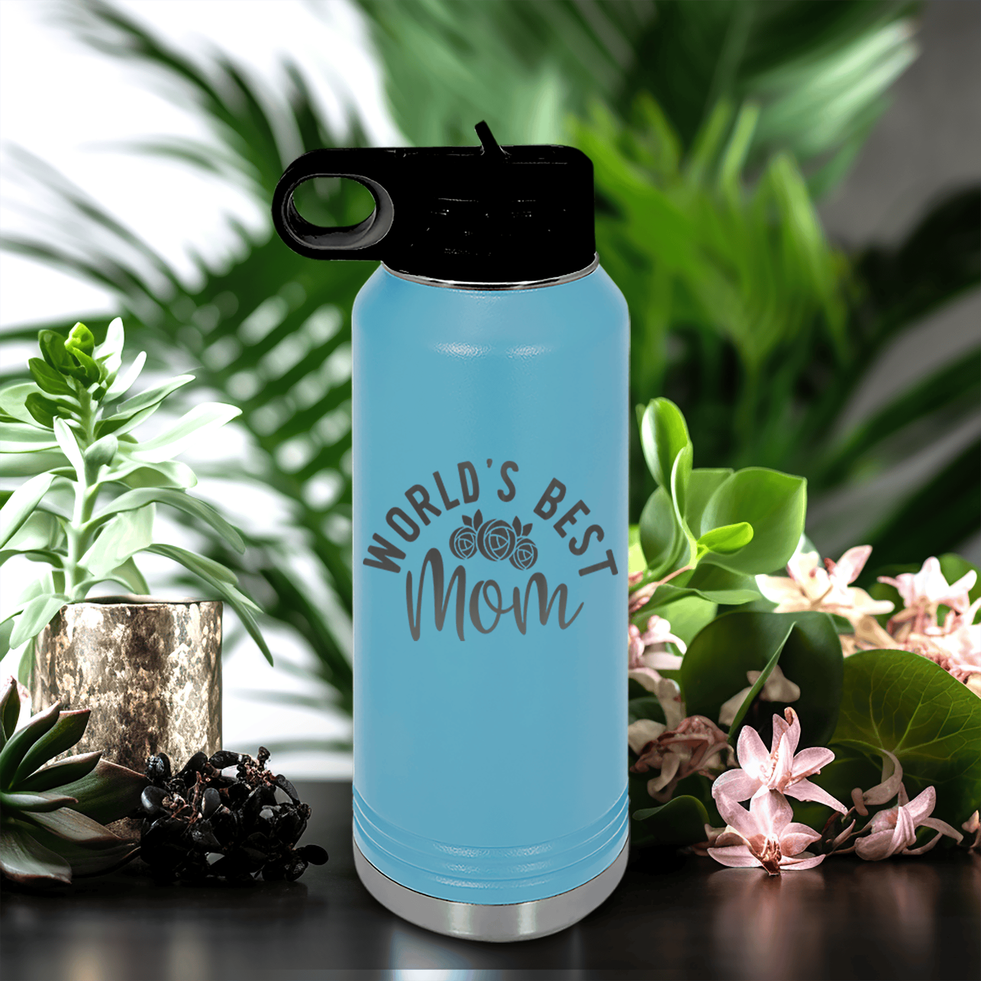 Light Blue Mothers Day Water Bottle With Worlds Best Mom Design