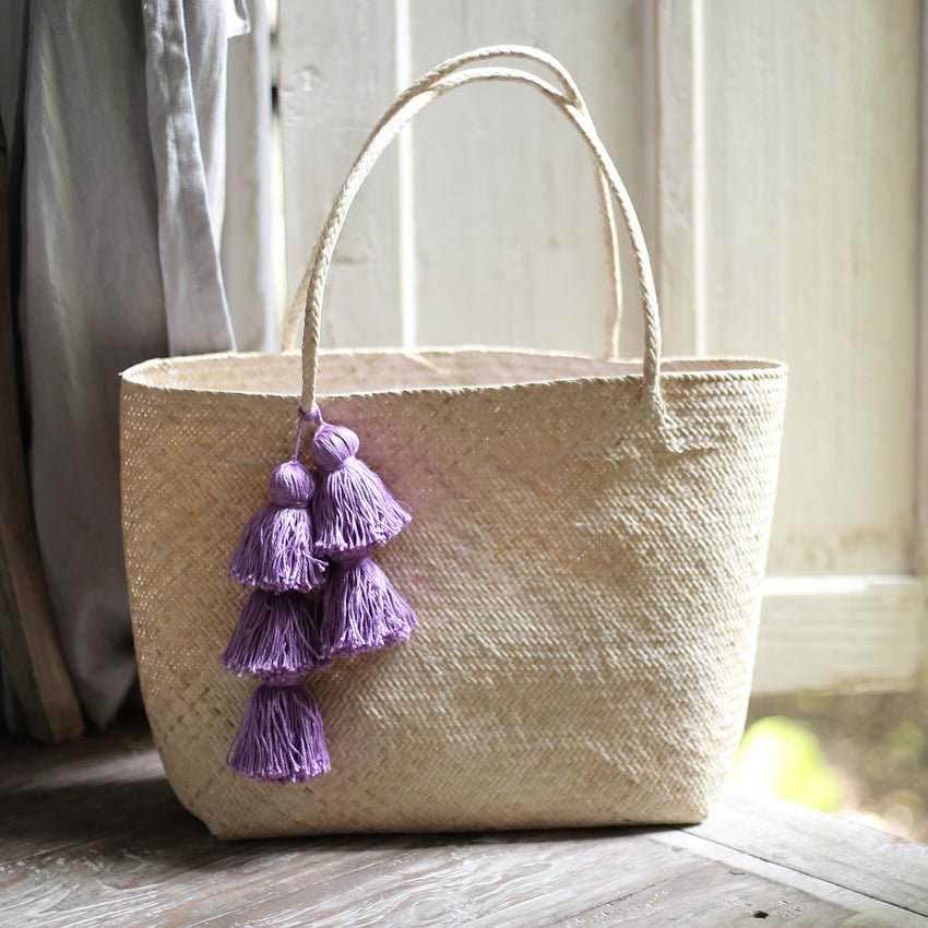 Bags Borneo Sani Straw Tote Bag - with Purple Tassels