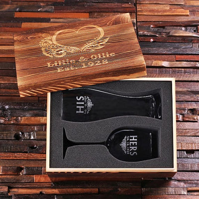 Gift Set PERSONALIZED HIS AND HERS WINE AND BEER GLASS WITH WOOD GIFT BOX