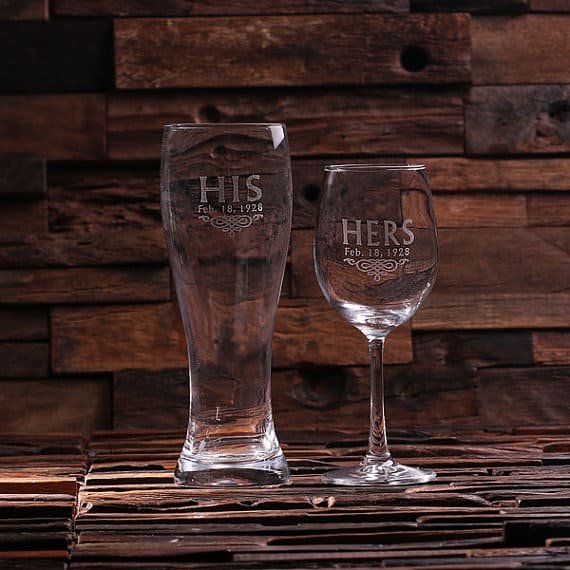 Gift Set PERSONALIZED HIS AND HERS WINE AND BEER GLASS WITH WOOD GIFT BOX
