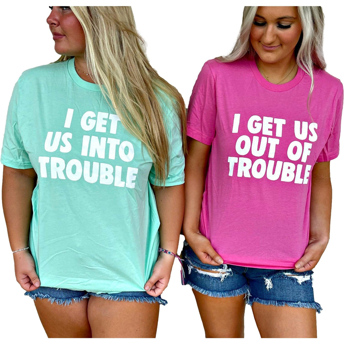 I get us into trouble/ I get us out of trouble tees by Gabriel Clothing Company