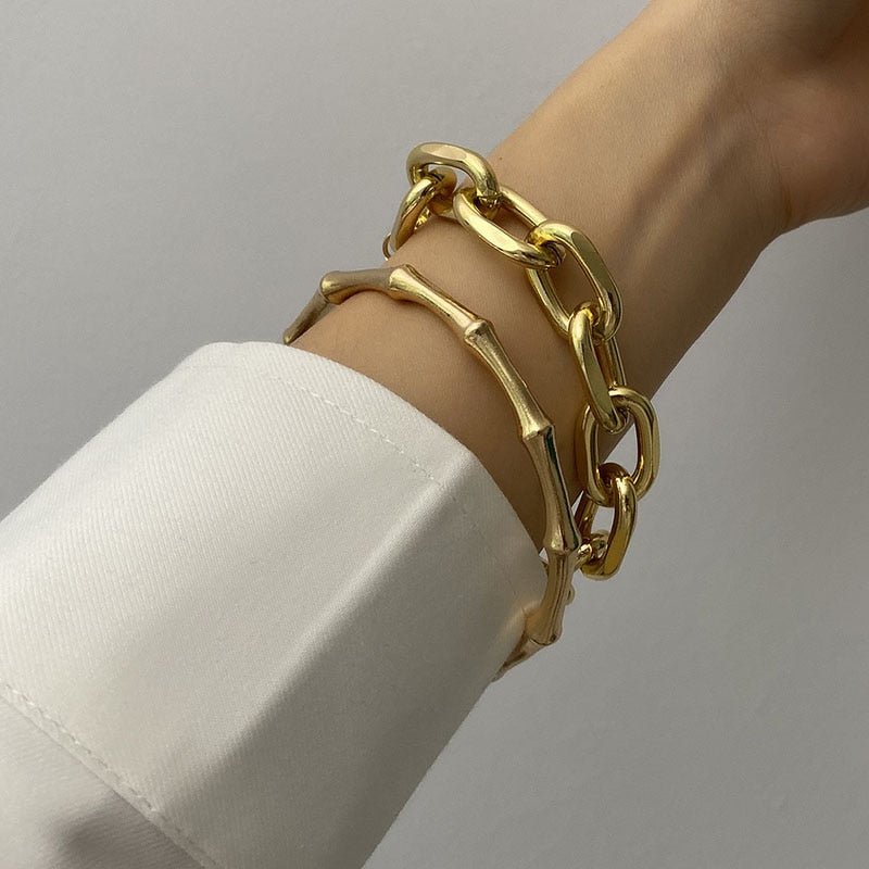Jewelry & Accessories - Bracelets & Bangles - Bangles 2Pcs Set Gold Color Metal Chain Link Bamboo Bracelet Bangle Women Party