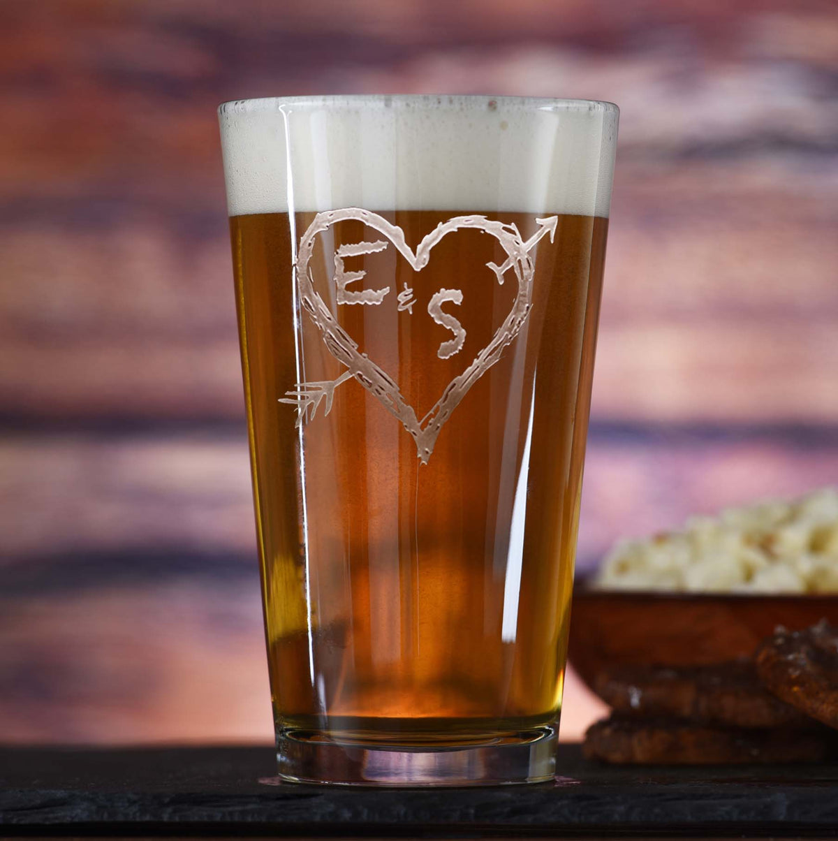 pint glass Heart Arrow and Initials Wedding Pub Pint Beer Glass