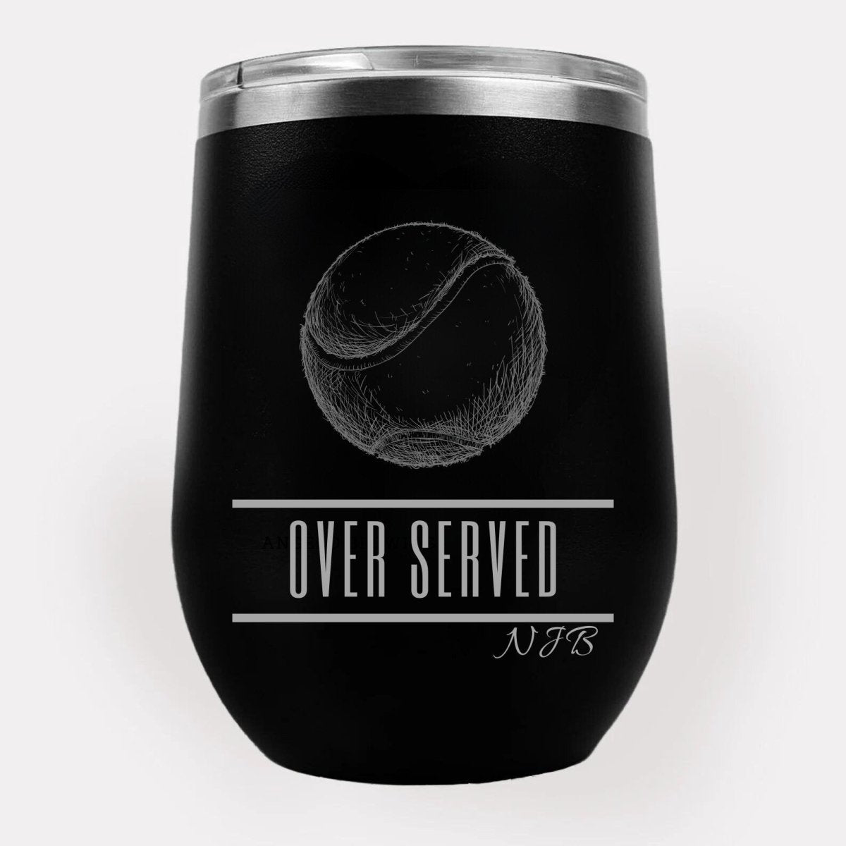 Personalized wine tumbler with tennis-themed "Over Served" design