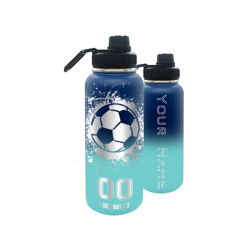 blue white soccer ball girl name jersey number stainless steel water bottle