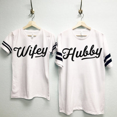 Wedding HUBBY & WIFEY Shirts CUSTOM Names + Numbers Set