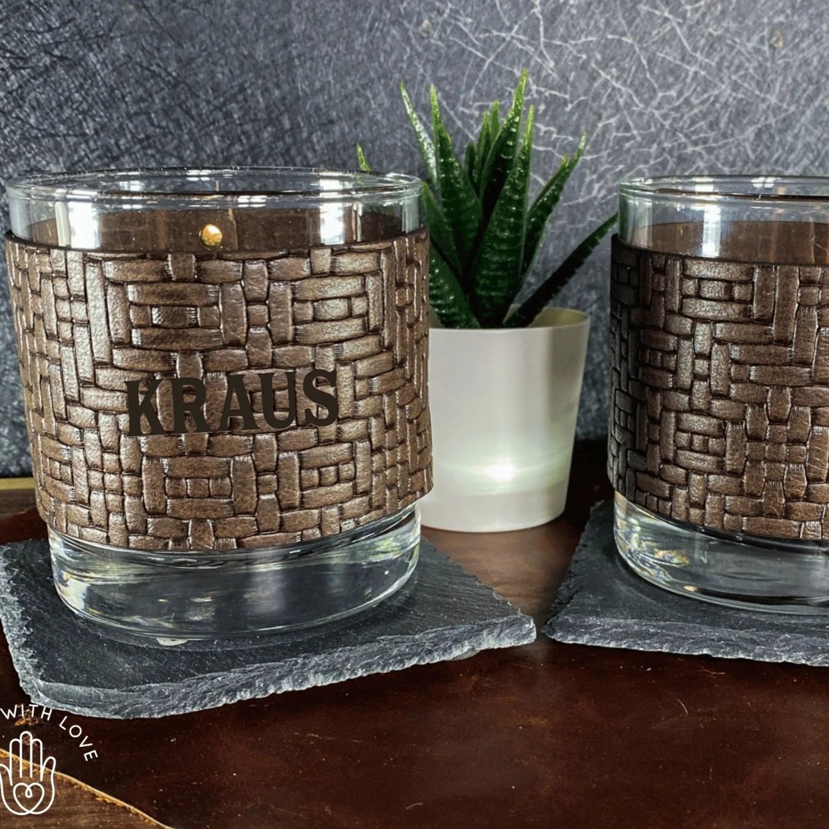 Whiskey Glass Italian Weave Leather Wrapped Whiskey Glasses