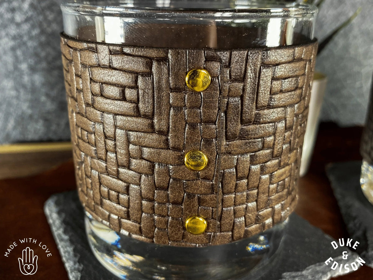Whiskey Glass Italian Weave Leather Wrapped Whiskey Glasses