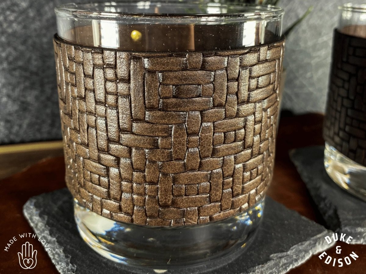 Whiskey Glass Italian Weave Leather Wrapped Whiskey Glasses