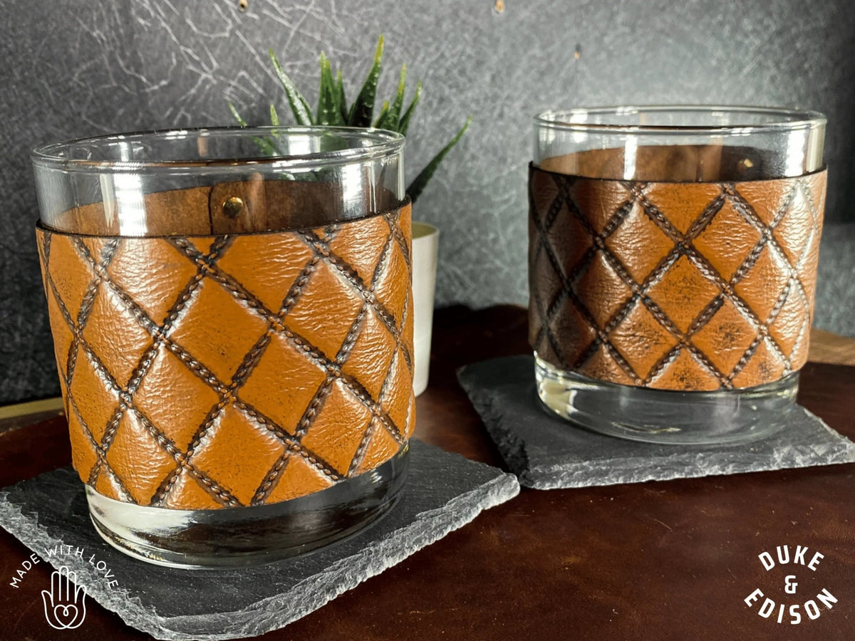 Whiskey Glass Quilt Hide Leather Wrapped Whiskey Glasses