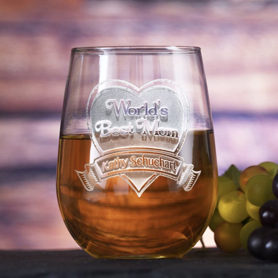 Best Mom Ever personalized wine glass with sand-carved design and mom's name